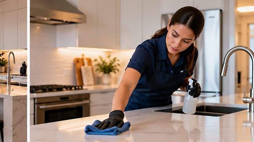 Illustrative image of professional cleaner wiping a contemporary kitchen countertop